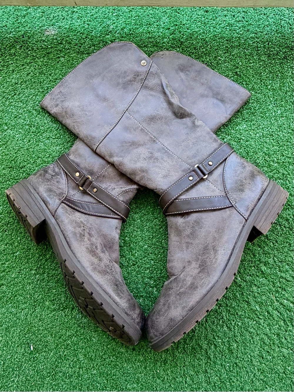 Natural Soul by Naturalizer Grey Distressed Mid Calf Riding Boots Women's US 8